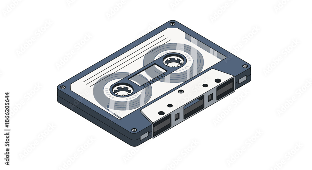 Obraz premium Detailed isometric illustration of a classic audio cassette tape used for music recording and playback in the retro era.