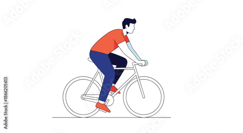 Side view illustration of a man in an orange shirt and blue pants riding a white bicycle on a clean white background.