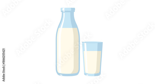 Glass bottle and a glass filled with fresh white milk isolated on a white background representing dairy products and nutrition.