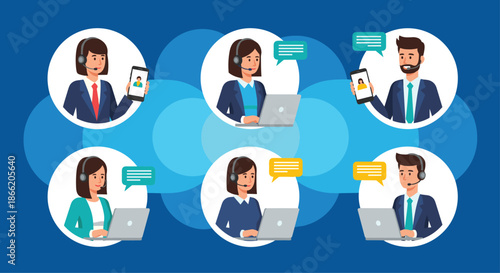 Diverse team of customer service operators with headsets using laptops and phones to provide global support and assistance.