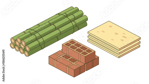 Bamboo sticks, bricks, and insulation boards for construction purposes.