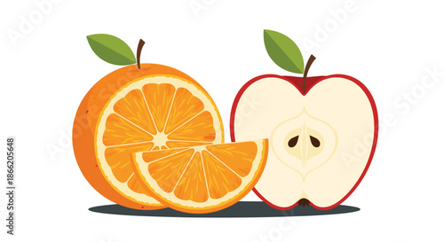 Fresh orange and red apple halves with slices and green leaves representing healthy fruit snacks and natural vitamins.