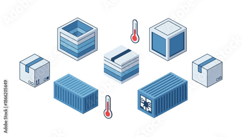 Isometric illustration of shipping containers and temperature gauges.