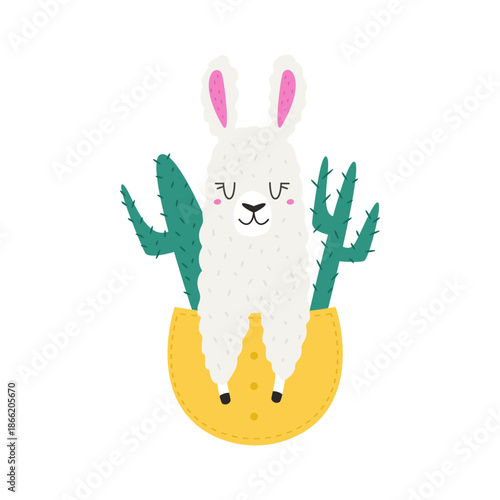 Adorable Alpaca Character with Green Cactus. Vector Illustration for Kids.