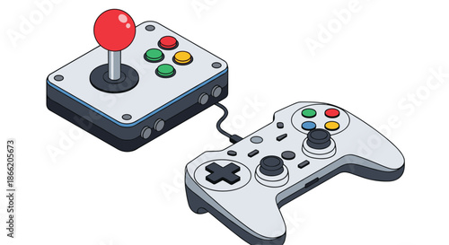Retro arcade joystick and a modern wireless game controller connected by a cable to show the evolution of gaming hardware.