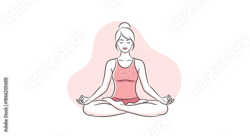 Calm young woman practicing yoga in a lotus meditation pose on a soft pink abstract background for wellness themes.