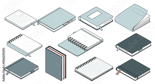 Isometric collection of various styles of notebooks journals and ring bound pads in shades of blue and grey with bookmarks and straps.