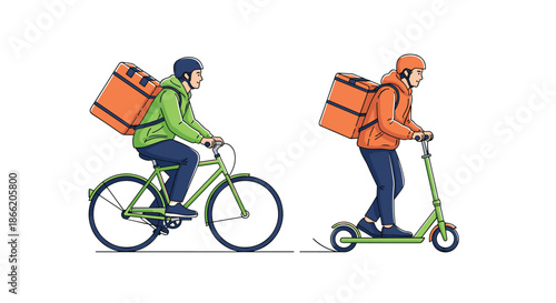 Two delivery couriers one on a bicycle and one on an electric scooter carrying large thermal bags to deliver food orders to customers quickly.