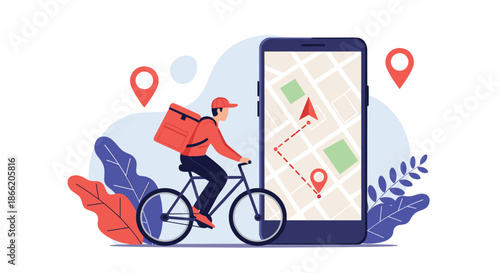 Delivery person on a bicycle navigating through city streets using a map on a giant smartphone screen to find the correct destination.