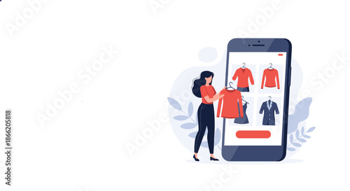 Woman browsing a clothing store through a giant smartphone screen to choose new outfits representing the ease of mobile fashion shopping.