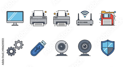 Set of ten technology and computing icons including monitor printer router floppy disk gears USB drive webcam and a security shield icon.