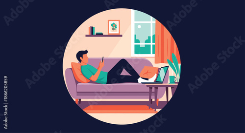 Man relaxing on a sofa at home while using his smartphone and having a laptop on the coffee table in a cozy and bright living room.