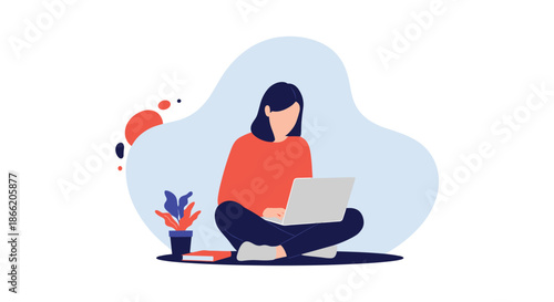 Young woman focused on her work using a laptop while sitting cross-legged on the floor against a soft blue abstract shapes background.