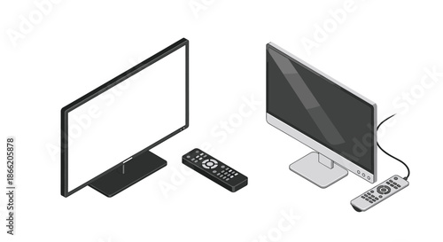 Pair of modern flat screen televisions in black and silver with their respective remote controls showing contemporary home media setups.