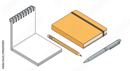 Essential writing tools including a spiral notepad a yellow pencil a grey ballpoint pen and a hardcover journal for planning and study.