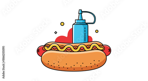 Delicious hot dog with a grilled sausage and mustard sauce with a blue squeeze bottle of sauce positioned right over the food item.