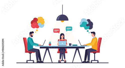 Collaborative team working together in a modern office environment with digital communication and creative ideas flowing.