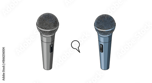 Two microphones positioned side-by-side with a speech bubble representing an interview, podcast discussion, or dialogue.