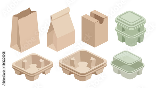 Assorted eco-friendly food packaging containers and bags.
