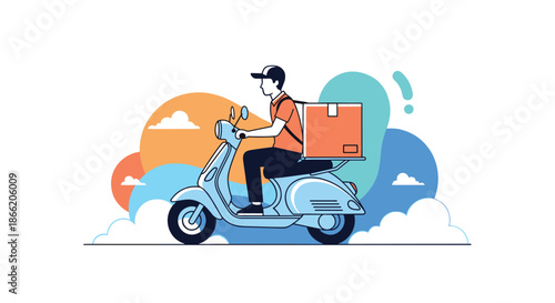 Fast delivery service courier riding a blue scooter with a parcel box on a vibrant and colorful background.