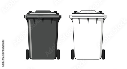 Pair of large trash containers on wheels, one in black and one in white, for waste management and recycling collection.
