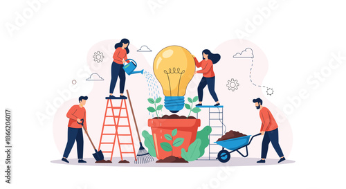 Diverse team of people working together to nurture and grow a giant lightbulb representing collective creativity and innovation.