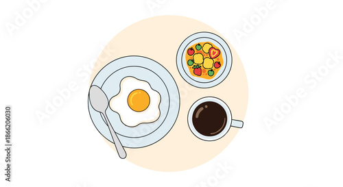 Healthy breakfast set seen from above featuring a fried egg, a bowl of fruit and yogurt, and a cup of black coffee.