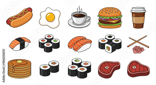 Large set of diverse food and drink icons featuring fast food, breakfast items, sushi rolls, pancakes, and steaks.