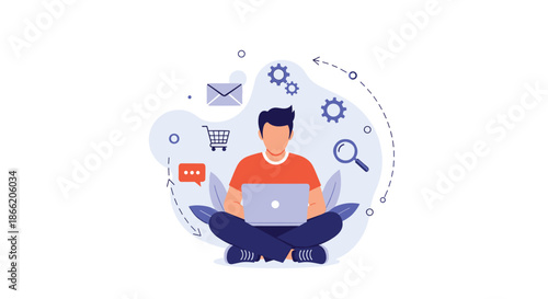 Young man using a laptop while being connected to various online services and digital activities represented by icons.