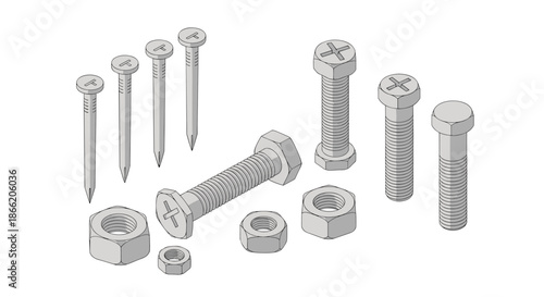 Assorted metallic hardware including various sizes of steel nails, bolts, screws, and nuts for construction and repair work.