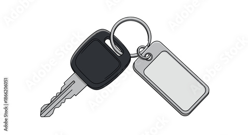 Modern car key with a black remote head attached to a metal ring and a grey rectangular keychain tag.