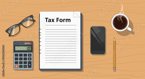 Tax form documentation and preparation on a wooden desk with a calculator, smartphone, eyeglasses, and a cup of coffee.