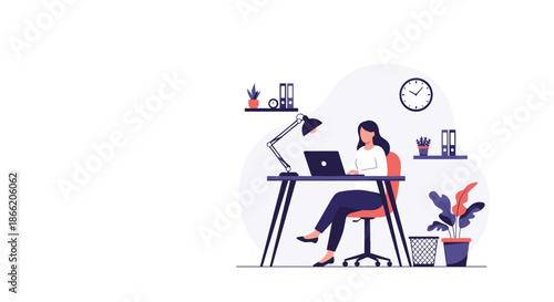 Professional woman sitting at a modern desk working on her laptop in a clean and organized home office environment.