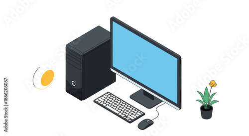 Desktop computer workstation including a monitor, system unit, keyboard, and mouse placed next to a small potted plant.