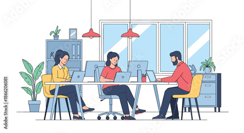 Diverse team of professionals working on laptops at a communal table in a bright and modern office workspace.