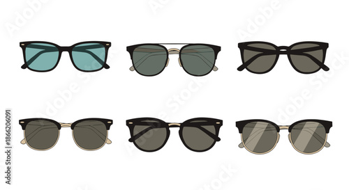Collection of six various fashionable sunglasses designs and styles arranged in two rows for selection and display.