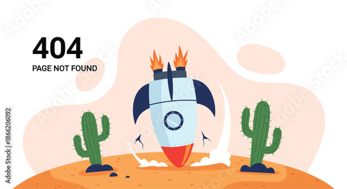 Creative 404 error page illustration featuring a rocket taking off from a desert landscape with cacti under a clear sky.