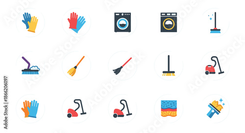 Assorted set of fifteen colorful cleaning icons representing various household chores and janitorial equipment for maintenance.