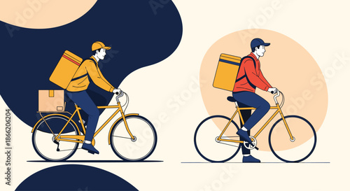 Delivery personnel on bicycles carrying large packages and backpacks for fast and efficient urban courier services.