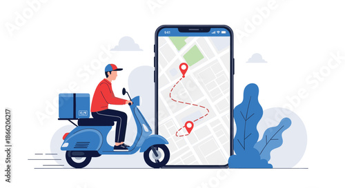 Food delivery concept showing a courier on a blue scooter next to a giant smartphone displaying a route on a map.