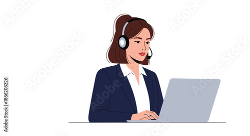 Customer service representative or call center agent wearing a professional headset while working on her laptop computer.