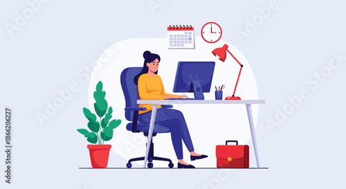 Productive woman working on a desktop computer at a well organized office desk with a calendar, clock, and lamp.