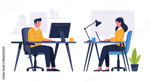 Focused professionals working at their individual desks with a computer and laptop in a clean and modern office environment.