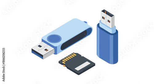 Digital data storage devices including a blue USB flash drive and a high capacity SD memory card for file backup.