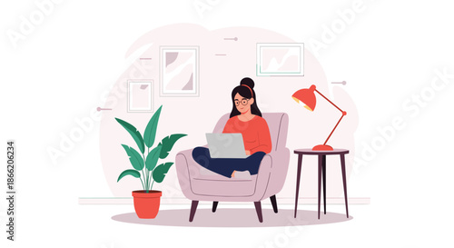 Young woman sitting in a cozy pink armchair and working on her laptop in a stylishly decorated home office environment.