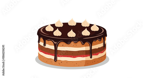 Mouth watering multilayered chocolate cake decorated with creamy swirls and dark chocolate icing on a white background.