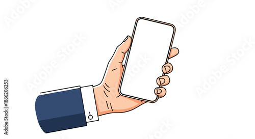 Professional hand in a business suit holding a modern smartphone with a blank white screen for content display.