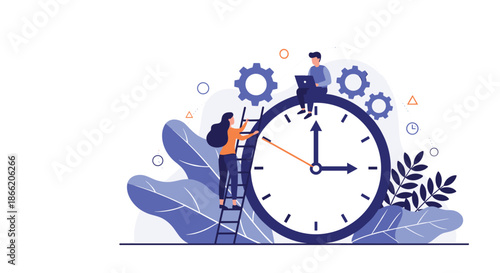 Collaborative time management concept showing people working together with gears and a large clock to meet deadlines efficiently.