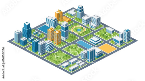 Isometric cityscape with modern buildings and green spaces.
