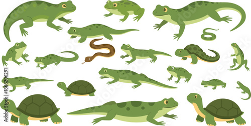 Reptile Animal Vector Illustration Set Featuring Lizards, Crocodiles, Turtles, Frogs, and Snakes in Different Poses for Wildlife and Nature Design Projects